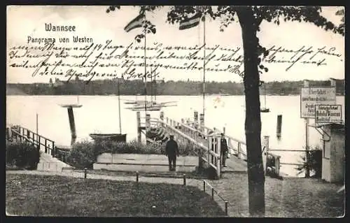 AK Berlin-Wannsee, Wannseepanorama vom Westen, Anlegesteg und Segelboote