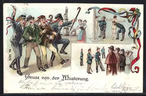 Lithographie Gruss von der Musterung, Scherz
