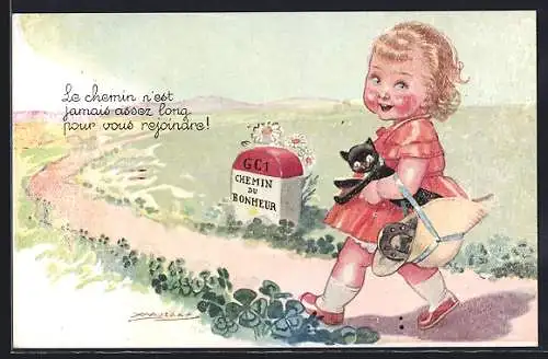 Künstler-AK Mauzan: Le chemin n`est jamais assez long pour vous rejoindre!, Mädchen läuft mit Katze auf einer Landstrasse