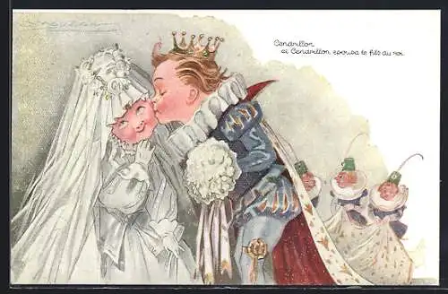 Künstler-AK Mauzan: kleiner König küsst seine Frau