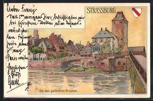 Künstler-AK F. Hoch: Strassburg, Bei den gedeckten Brücken, Wappen