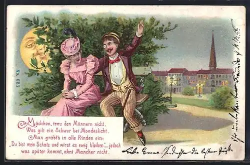 AK Liebespaar auf einer Bank, Mann mit Monokel