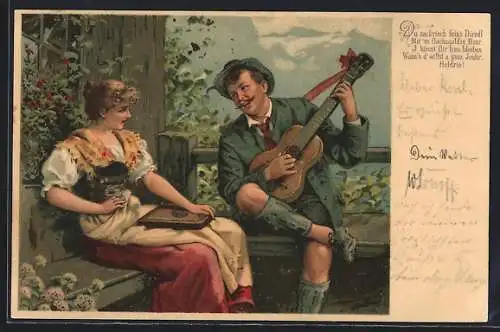 Glitzer-Perl-AK Paar mit Zither und Gitarre