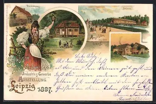 Lithographie Leipzig, Industrie- & Gewerbe Ausstellung 1897, Bauernhaus, Thüringer Waldhütte, Brücke, Dorfansicht