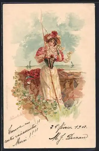 Lithographie Printemps, Frühling, Entzückende Anglerin, Jugendstil