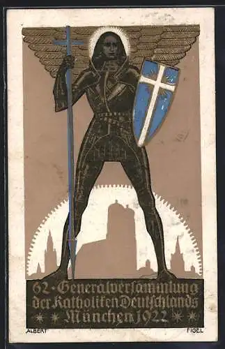 AK 62. Generalversammlung der Katholiken Deutschlands, München 1922, Ritter mit Kreuz und Schild