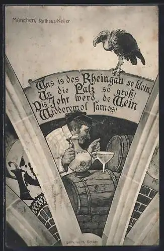 AK München, Rathaus Keller, Kellermeister verkostet Wein, Vogel