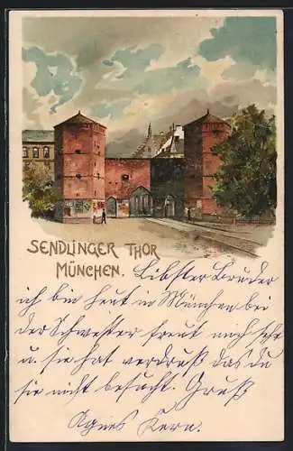 Lithographie München, Strassenpartie am Sendlinger Thor