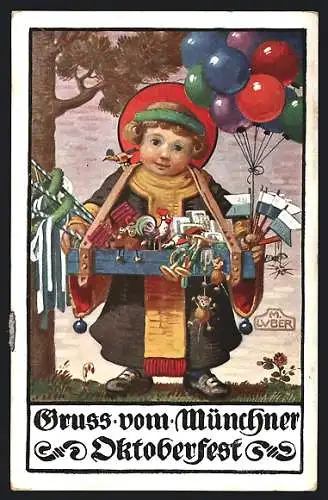 Künstler-AK Max Luber: München, Oktoberfest, Münchner Kindl mit Bauchladen