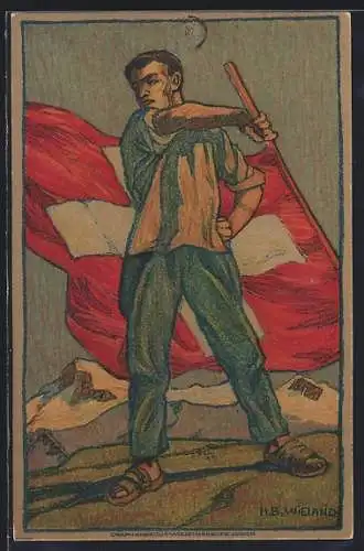 Künstler-AK Schweizer Bundesfeier 1912, Mann mit Flagge im Gebirge