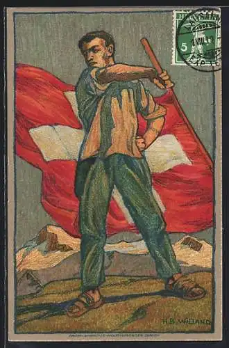Künstler-AK Schweizer Bundesfeier 1912, Mann mit Flagge im Gebirge