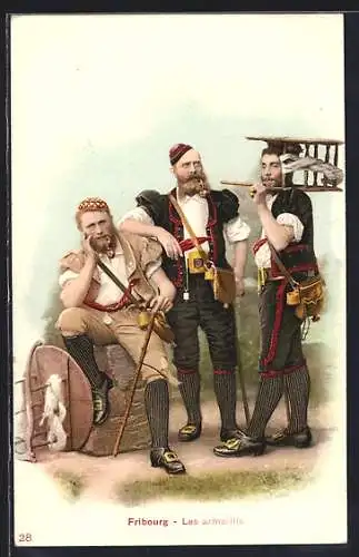 AK Freiburger Sennen in Tracht mit Tabakspfeife