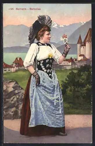 AK Bernerin in Tracht mit Hut und Blumen