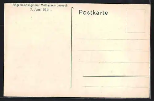 Künstler-AK Mülhausen-Dornach, Eingemeindungsfeier 1914, Historischer Festzug, Soldaten, Sappeure & Artillerie 1780