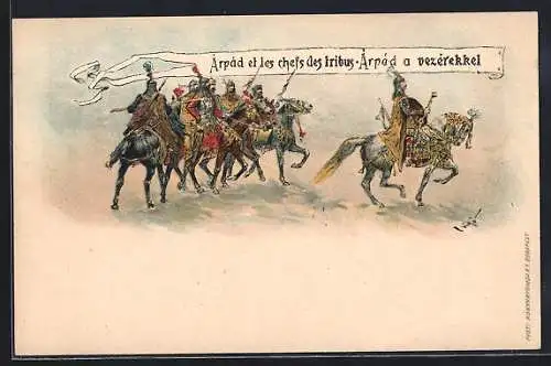 Lithographie Árpád et les chefs des tribus. ungarischer Feldherr, Ganzsache