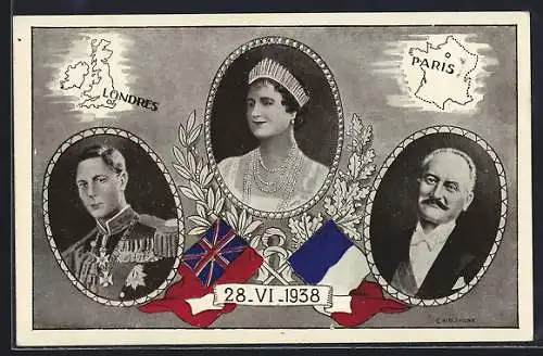 AK Albert Lebrun Präsident von Frankreich & Georg VI. von England, 28.6.1938