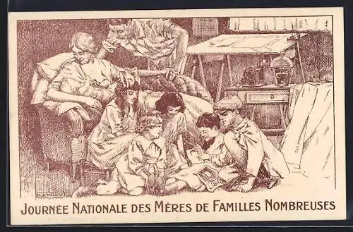 Künstler-AK Journée Nationale des Meres de Familles Nombreuses