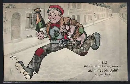 AK Rennender Page mit Sekt und einem Ferkel, Neujahrsgruss