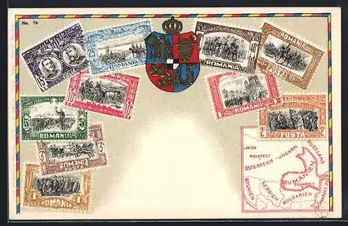 AK Rumänische Briefmarken, Wappen, Europakarte