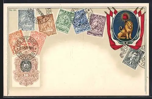 AK Briefmarken, Flaggen mit Löwen als Wappentier