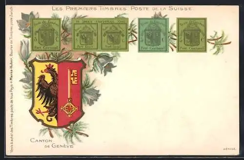 AK Les Premiers Timbres Poste de la Suisse, schweizer Briefmarken a. d. Kanton Geneve