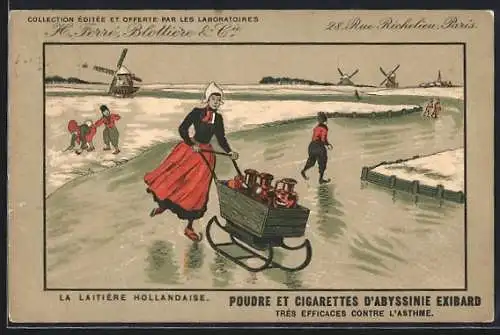 Künstler-AK Paris, H. Ferré, Blottière & Cie, 28, Rue Richelieu, Holländische Milchfrau mit Schlitten, Windmühlen