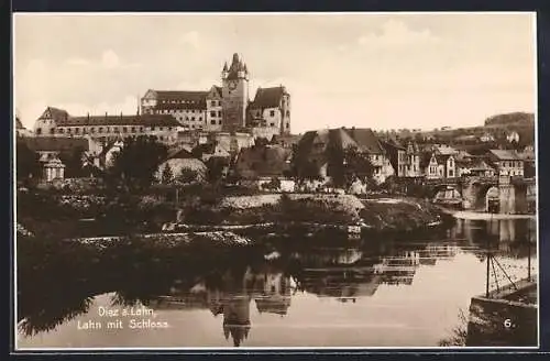 AK Diez a. Lahn, Generalansicht der Stadt mit dem Schloss und der Lahn im Vordergrund