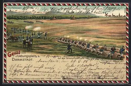 Lithographie Darmstadt, Soldaten auf dem Uebungsplatz mit Zieldorf, Ruine Frankenstein und Melibocus