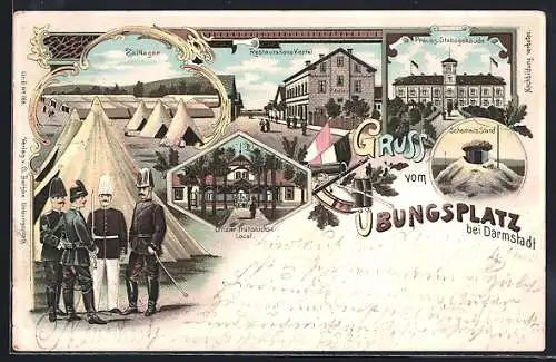 Lithographie Darmstadt, Übungsplatz, Zeltlager, Restaurations Viertel, Sicherheitsstand