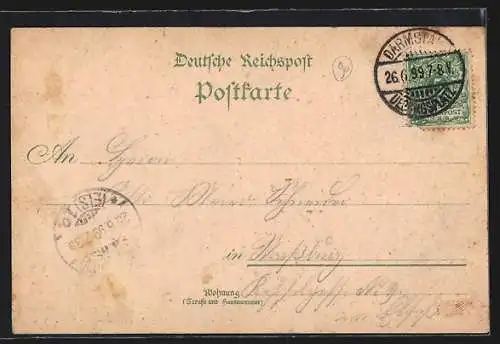 Lithographie Darmstadt, Übungsplatz, Post und Wachtkommando, Barackenlager
