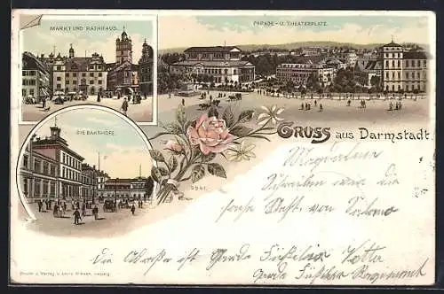 Lithographie Darmstadt, Die Bahnhöfe, Markt und Rathaus, Parade- und Theaterplatz