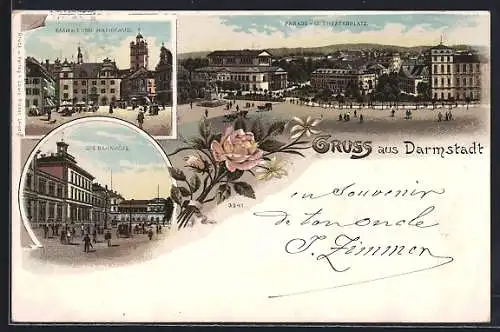 Lithographie Darmstadt, Die Bahnhöfe, Markt und Rathaus, Parade- und Theaterplatz