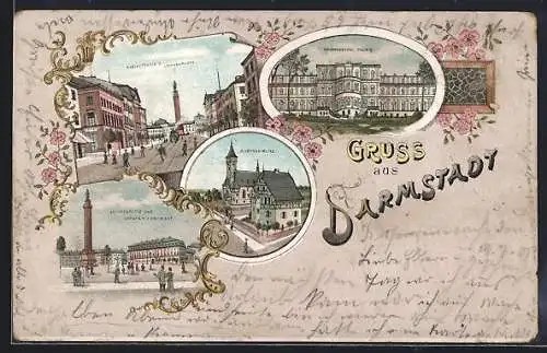 Lithographie Darmstadt, Martinskirche, Grossherzogl. Palais, Rheinstrasse u. Louisenplatz, Ludwigsmonument