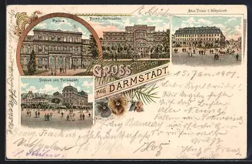 Lithographie Darmstadt, Altes Palais von der Wilhelmstrasse, Schloss vom Paradeplatz