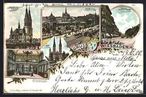 Lithographie Wiesbaden, Neue Evangl. Ring-Kirche, Kochbrunnenquelle, Kathol. Kirche