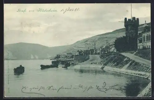 AK Rüdesheim am Rhein, Uferpartie mit Bootsanleger