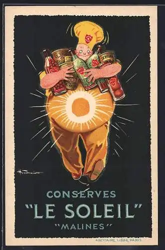 AK Reklame für Konserven Le Soleil, Malines, Dicker Koch trägt Konserven auf dem Arm
