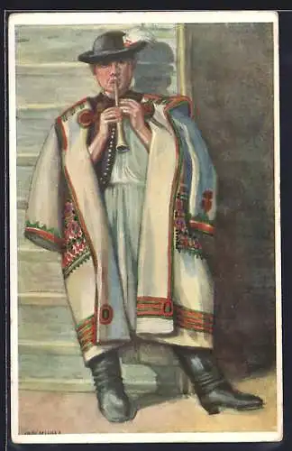 Künstler-AK ungarische Volkstracht, Ungar in Tracht spielt auf der Flöte