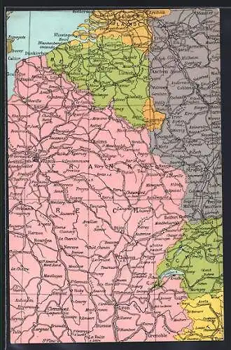 AK Landkarte von Frankreich, Belgien, Schweiz und Deutschland aus dem 1. Weltkrieg