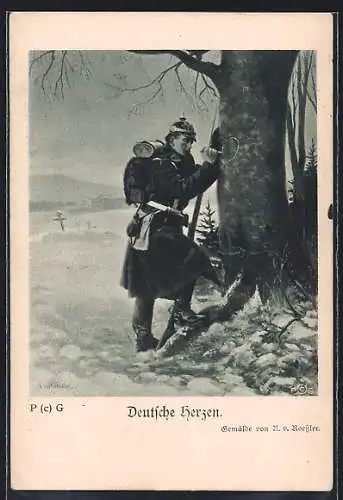 Künstler-AK Deutsche Herzen, Soldat mit Pickelhaube & Gewehr ritzt Herz in einen Baum