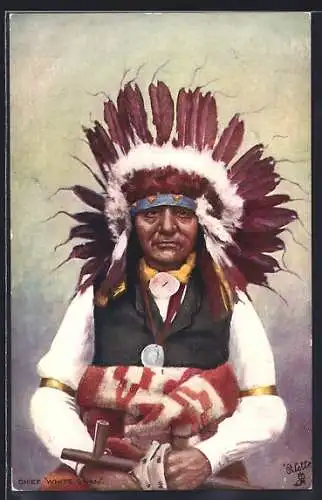 AK Sioux-Indianerhäuptling White Swan mit Federhaube und Pfeife