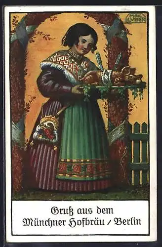 Künstler-AK Max Luber: Frau in Tracht serviert ein verzehrfertiges Ferkel