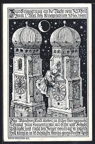 AK München, Frauentürme, Einführung der Sommerzeit, 1916, Münchener Kindl stellt die Uhrzeit um