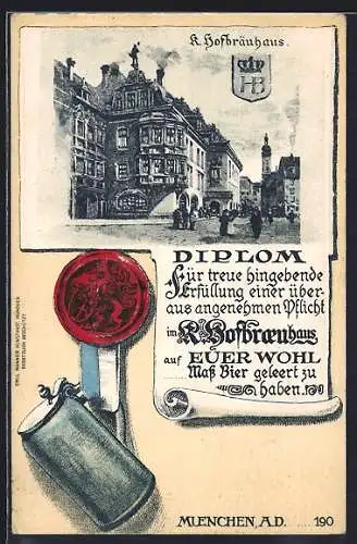 AK Münchner Hofbräuhaus & Trinker-Diplom
