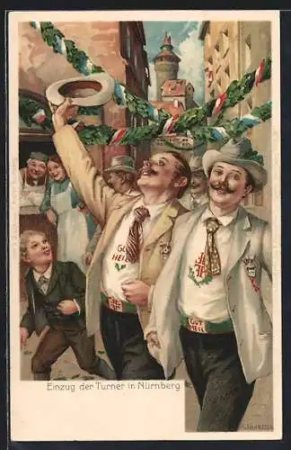 Lithographie Nürnberg, X. Deutsches Turnfest 1903, Einzug der Turner zum Turnfest