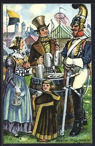 Künstler-AK Menschen in Trachten und Uniform auf dem Oktoberfest