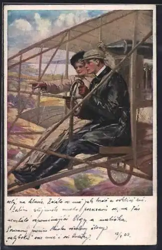 Künstler-AK Clarence F. Underwood: Love on Wings, Liebespaar im Flugzeug