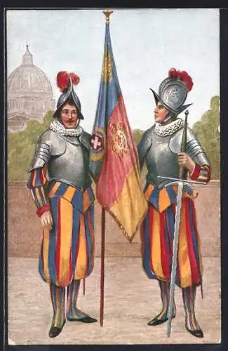 AK Vatikanstadt, Soldaten der Schweizer Garde mit Harnisch, Flagge und Bihänder