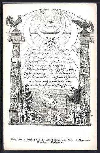 AK Kinder mit Flöten und Trommel, Stern und Säulen mit Hahn und Eule, Kinderfürsorge