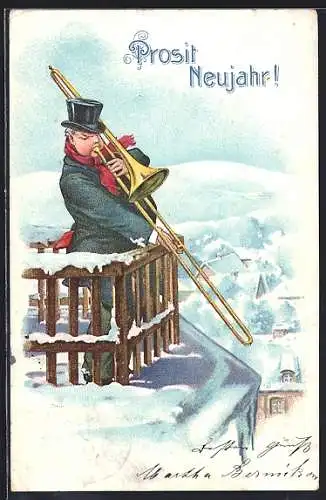Lithographie Ein Mann mit Zylinder und Schal spielt im Schnee Posaune